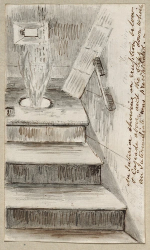 Pearse, John, 1808-1882 :Life on board the Duke of Portland. 1851. An interior showing an eruption below & cascade above & the steps down which an Intermediate was precipitated.