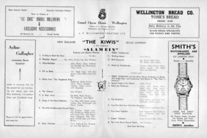 J C Williamson Theatres Ltd present "The Kiwis" New Zealand Revue Company in their programme "Alamein". Grand Opera House, Wellington. Nightly at 8. [Programme centre spread. 1950].