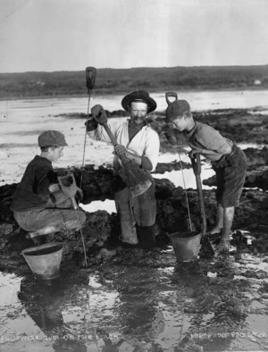Gum diggers on the beach, Northland Region