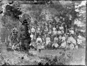 A group of unidentified people under a row of trees, probably Christchurch district