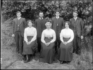 Members of an unidentified family, four women and three men in the garden, probably Christchurch district
