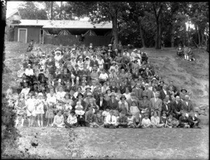Group of unidentified men, women and children, in an unidentified park, probably Christchurch district