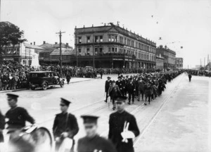 Anzac Day parade alongside Hotel Cecil, Lambton Quay, Wellington