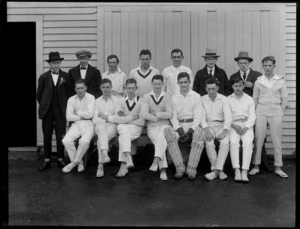 Group of unidentified cricket team outside building, probably Christchurch district