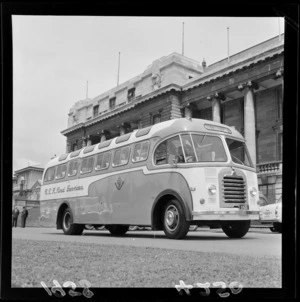 New Zealand Railways Road Service bus parked in front of Parliament Buildings, Wellington