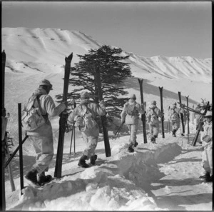 Trainees leaving with skis for the slopes at the Ninth Army Ski School, Lebanon - Photograph taken by M D Elias