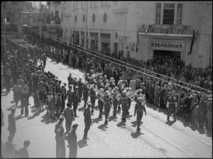 NZ infantry band in ceremonial parade through the streets of Aleppo, Syria - Photograph taken by H Paton