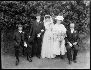 Unidentified wedding group, showing bride and groom, groomsman, bridesmaid and [father of bride?], probably Christchurch district