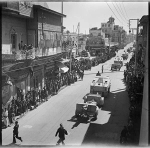 New Zealand artillery passing down the main street of Aleppo, Syria - Photograph taken by H Paton