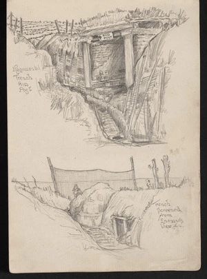 O'Grady, James, 1882?-1956 :Regimental trench aid post. Trench screened from enemy view [1918]