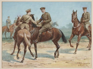Pearse, Alfred, 1857-1933 :H R H The Prince of Wales greeting General Melville at Fontaine, 1918.