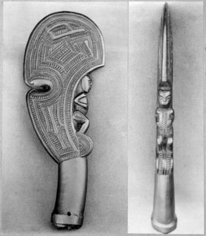 Carved wooden patu from the bed of Lake Horowhenua