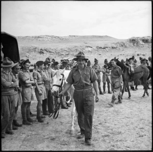 Parade of horses at race meeting of 36 NZ Survey Bty in Trans Jordania, World War II - Photograph taken by M D Elias