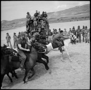 Start of race at race meeting of 36 NZ Survey Bty in Trans Jordania, World War II - Photograph taken by M D Elias