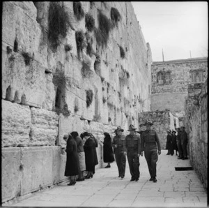 Three New Zealanders visit the Wailing Wall in Jerusalem, World War II - Photograph taken by M D Elias