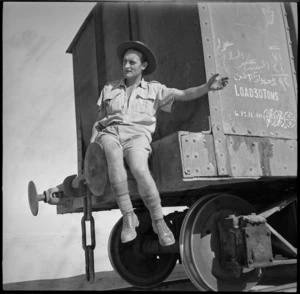 Neil Grace of the New Zealand Railway Operating Unit guides shunting of train, Western Desert
