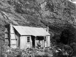 Esperance Hut and man alongside, Grave-Talbot Pass