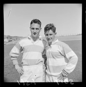 Rugby Union players Ridell and Turner of St Patrick's College Old Boys' Rugby Club before game against Athletic Football Club, Athletic Park, Newtown, Wellington