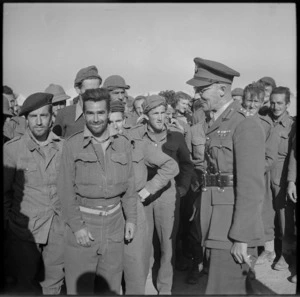 Brigadier Falconer visiting New Zealanders after arrival back from Bardia imprisonment