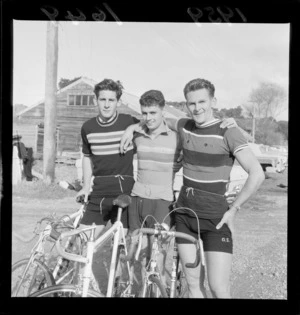 Three unidentified cyclists at Glenside, Wellington
