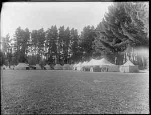 Eleven large double pole top tents at the end of a large field under tall trees, with YMCA name and symbol on it, Christchurch