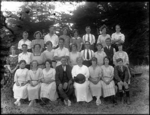 Group of unidentified men and women, outdoors, probably Christchurch district
