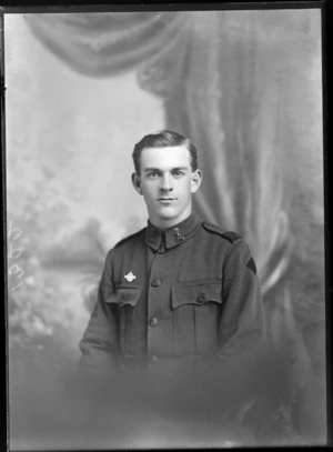 Studio portrait of an unidentified man wearing a military uniform, Christchurch