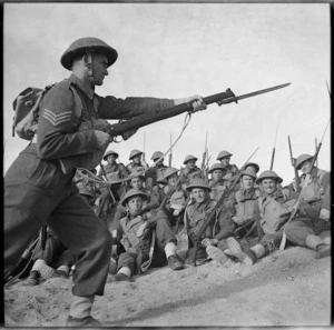 New Zealanders training at Base Camp practice assault with a bayonet, Maadi
