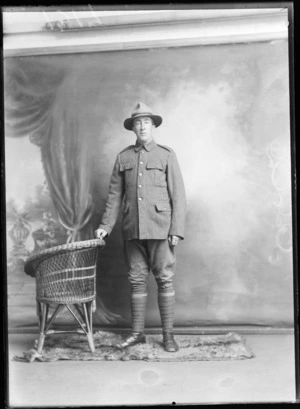 Studio portrait of an unidentified man, wearing military uniform, Christchurch