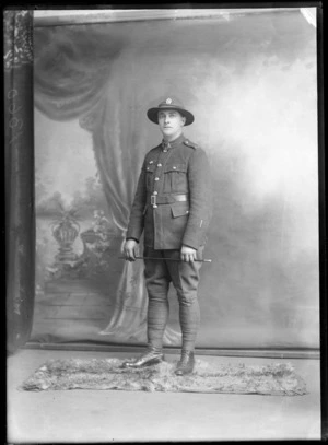 Studio portrait of an unidentified man, wearing military uniform, possibly Christchurch
