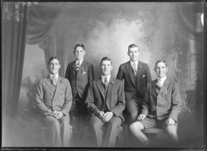 Studio portrait of four men and a boy, all unidentified, possibly Christchurch district