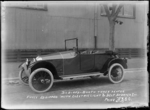 Advertisement for a Scripps-Booth motorcar, three seater fully equipped with electric light and self starter etc, price £350, probably Hastings district