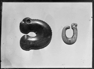 George Ebbett Collection, two Maori Greenstone hooks, Hawke's Bay District