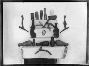 George Ebbett Collection, Maori Greenstone and rock Mere and axe heads, carving tools, Hawke's Bay District