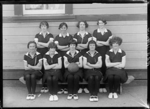 'Red Hawk' girl's basketball team in uniforms, Hastings, Hawke's Bay District