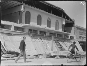 Napier earthquake damage, causing the front of a building to collapse on to the street below, Hastings, Hawke's Bay District