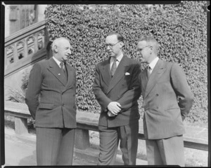 SPATC, HD Christie, President of Canterbury International Air Race Council, left, with Peter G Masefield, Director General, Long Term Planning, United Kingdom, and ABW George, Secretary, Canterbury International Air Race Council