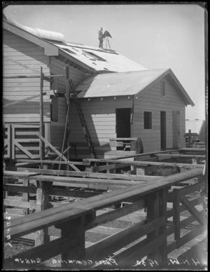 View of Henry Norford Whitehead (photographer), positioned on top of a wool shed sheep yards building, ready to take a photograph, Hawke's Bay District