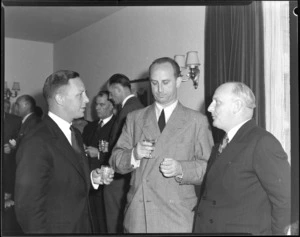 JWS Brancker, general manager eastern division, British Overseas Airways Corporation, left, with Phillip D Hood, Southwest Pacific representative, British Airways Corporation, and F Maurice Clarke, general manager, NZ New Zealand National Airways Corporation, at an unidentified event