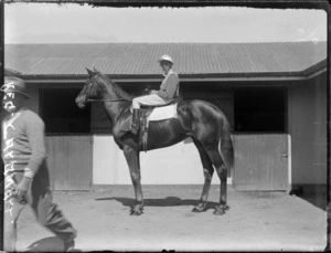 A jockey [Reg Calowall?] on a racing horse, with stables behind, Hawke's Bay District