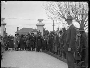 Governor General Charles Fergusson and his wife Lady Alice Fergusson greeting members of the public, Cornwall Park entrance, Hastings
