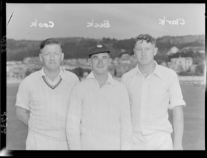 Members of Wellington Plunket Shield cricket eleven, from left, Mr Cook, Mr Beck, Mr Clark