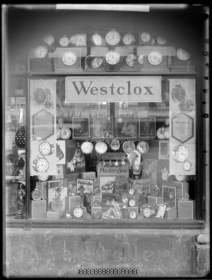 Window display of Westclox clocks in an unidentified shop