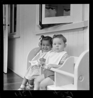 Two young children in high chairs, Our Lady's Home of Compassion, Island Bay, Wellington