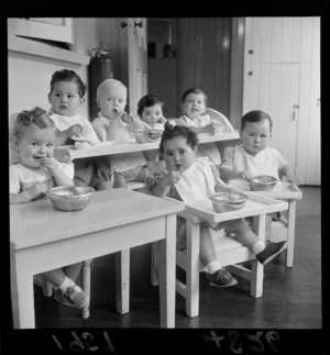 Children, eating at tables, Our Lady's Home of Compassion, Island Bay, Wellington