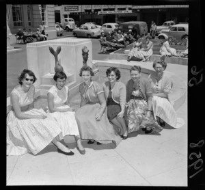 Civic Fountain, outside City Council offices, with people taking advantage of sunshine, Wellington