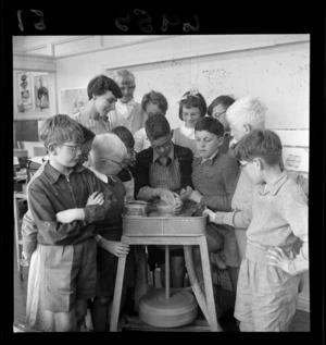 Partially blind children making pottery, Te Aro School, Wellington