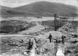 Sluicing on the gold field at Spec Gully in Naseby, shows miners and Rev George H McNeur