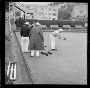 Bowlers playing in rain, Kelburn Bowling Club, Wellington