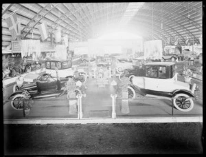 Display of motor cars, probably at a motor show in Christchurch